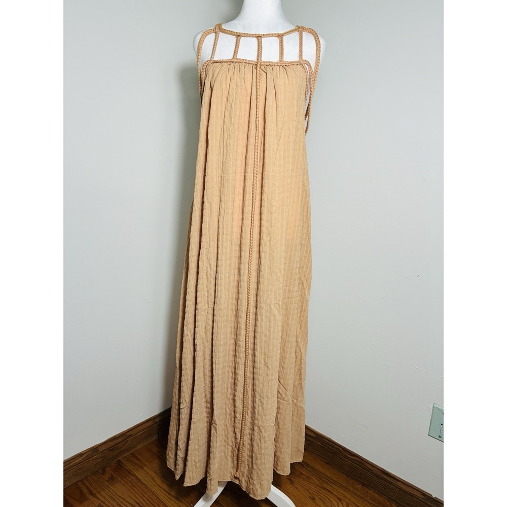 Boho Maxi Dress Sz M Tan Festival Strappy Back Beach - Picture 2 of 8